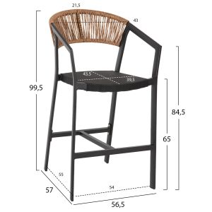 Bar stool Aluminium Black black textile and beige rattan - seat height medium 56.5x57x99.5cm Hm5892.15