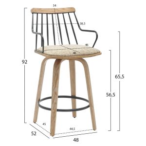 Bar stool Judi .01 plywood in Whitewash-black metal-beige fabric 48x52x92hcm Hm9985