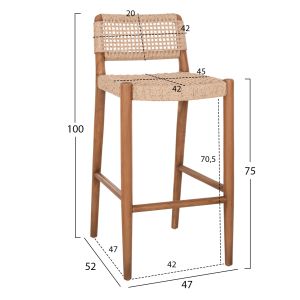 Bar stool Rosco Hm6134 teak in natural-veined rope in beige 47x52x100hcm.