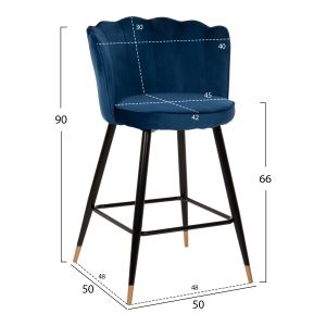 Бар стол Vesna Hm8736,08 със синя плюшена дамаска и черни метални крака 50x50x90hcm