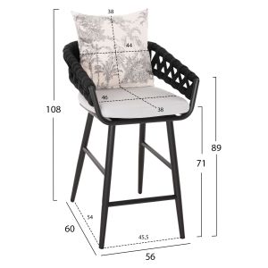 Bar stool aluminum Camden, 01 anthracite with ecru cushion with print 56x60x108hcm Hm6142