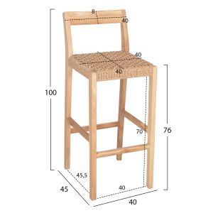 Bar stool with backrest Plered Hm6129 teak wood and wicker rope 40x45x100hcm.