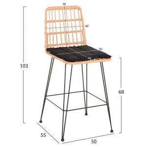 Bar stool medium height Allegra made of metal with cushion black-with rattan in beige Hm5643,11 50x55x103hcm
