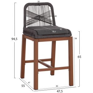 Howard Hm5791.22 medium height bar stool, aluminum in brown - dark gray rope 47.5x55x94.5hcm.