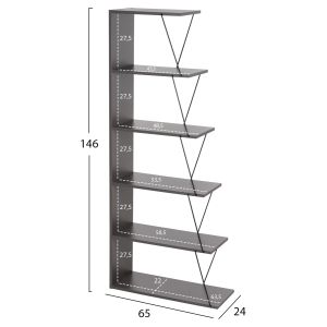 Mini Tars bookcase, grey melamine, black metal rods, 65x22-24x146hcm Hm2241.20