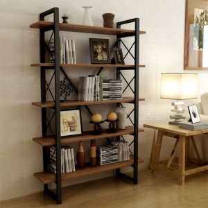 Bookcase black metal structure and walnut countertops 100x24x180cm