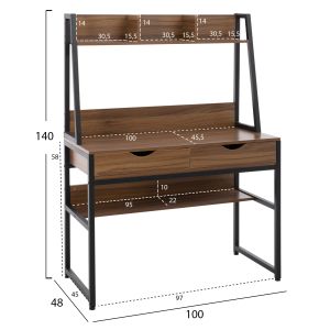 Бюро с библиотека Hm2390,12 меламин в орех ; метална черна рамка 100x48x139hcm