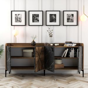 Бюфет меламин Hm9433,03 орех с черни врати с мраморна шарка 180x35x78hcm