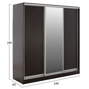 Гардероб Adler с 3 слайд врати и огледало от меламин цвят венге 240x60x240h Hm2462,02