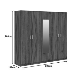 Wardrobe Luna with five doors and mirror in walnut-oak 220x52x200cm