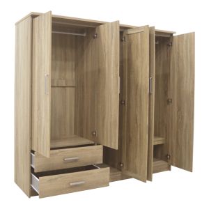 Wardrobe Olympus with 5 doors and drawers + mirror, light oak color 198x57x183