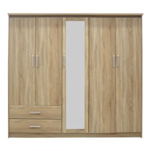 Wardrobe Olympus with 5 doors and drawers + mirror, light oak color 198x57x183