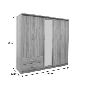 Wardrobe Olympus with 5 doors and drawers + mirror, light oak color 198x57x183