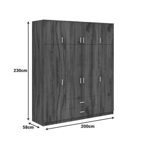 Royal wardrobe with four doors and drawers, walnut-oak, 200x58x230cm