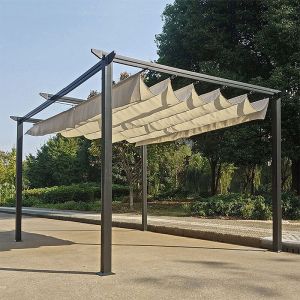 GARDEN PERGOLA WITH BLACK METAL FRAME - WITH SLIDING COVER IN BEIGE 3X3M