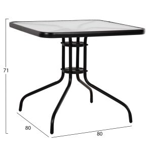 Градинска маса квадратна Figo Hm5972.03 черен метал-стъкло плот 80χ80χ71hcm