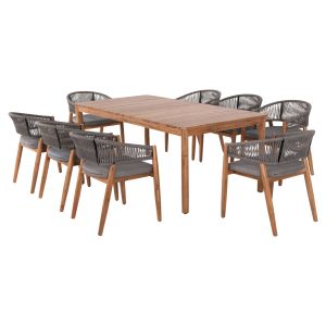 Garden dining set 9pcs Navant .01 table with 8 dining chairs-solid acacia wood-natural rope in gray Hm21066