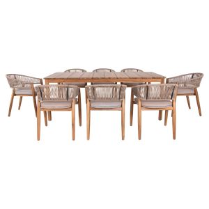 Garden dining set 9pcs. Navant .02 table with 8 dining chairs-solid acacia wood-natural rope in beige Hm21066