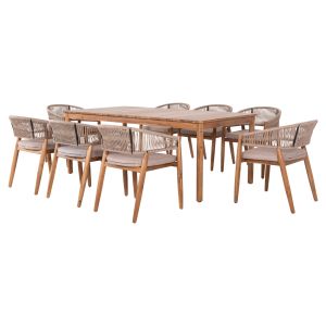 Garden dining set 9pcs. Navant .02 table with 8 dining chairs-solid acacia wood-natural rope in beige Hm21066