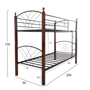 Двуетажно легло Hm687 черен метал-каучуково дърво в орех 200x90x158hcm