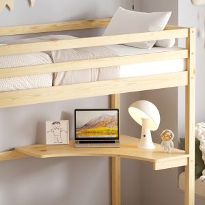 Bunk bed with desk Akron Hm21311 pine wood in natural color - with mattress 90x190cm