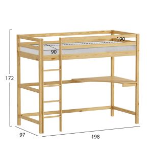 Bunk bed with desk Akron Hm21311 pine wood in natural color - with mattress 90x190cm