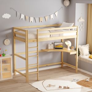 Bunk bed with desk Akron Hm21311 pine wood in natural color - with mattress 90x190cm