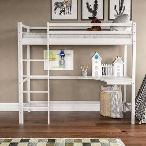 Bunk bed with desk Akron Hm21311.01 pine wood in white - with mattress 90x190cm