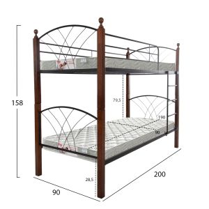 Bunk bed with mattresses Storey Hm21334 metal and rubber wood in walnut - for mattresses 90x190cm.
