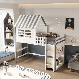 Bunk bed with side shelves Homi Hm21321 pine wood in white - for mattress 90x190cm.