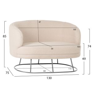 Two-seater sofa Arien Hm8492,23 white boucle with silver metal frame 130x75x85hcm