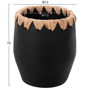 Декоративна ваза Ethno от теракота Hm4368 черна със сламена плетка D13x16hcm