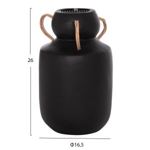 Decorative vase Mibo Hm4688.01m terracotta in black with natural rattan handles Φ16.5x26hcm.