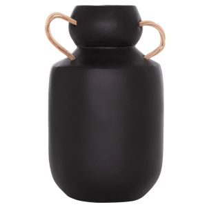 Decorative vase Mibo Hm4688.01m terracotta in black with natural rattan handles Φ16.5x26hcm.