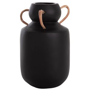 Decorative vase Mibo Hm4688.01m terracotta in black with natural rattan handles Φ16.5x26hcm.