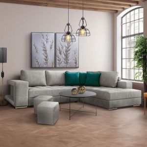 Right corner sofa New Karina beige color with decorative pillows and a stool in petrol blue 278x218x85cm