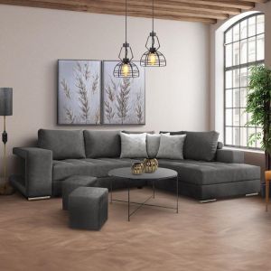 Right corner sofa New Karina gray color with gray decorative pillows and stool 278x218x85cm