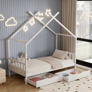 Children's bed Klarice Montessori-2 drawers solid pine in white- 190x90cm Hm680,03
