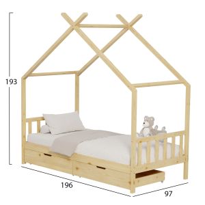Children's bed Klarice Montessori-2 drawers-natural solid pine-190x90cm Hm680,01