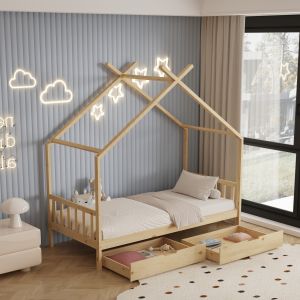 Children's bed Klarice Montessori-2 drawers-natural solid pine-190x90cm Hm680,01