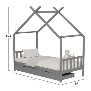 Children's bed Klarice Montessori-2 drawers-solid pine in gray-190x90cmhm680,03