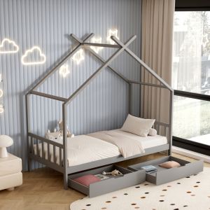 Children's bed Klarice Montessori-2 drawers-solid pine in gray-190x90cmhm680,03