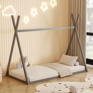 Children's bed Munk Hm681,05 t, Montessori solid pine wood in gray - 190x90cm
