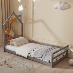 Children's bed Montessori house pine solid in gray - 190x90cm Hm676.05