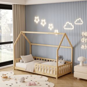 Children's bed house with fence Phyllis Montessori solid pine wood natural color - 190x90cm Hm679,01