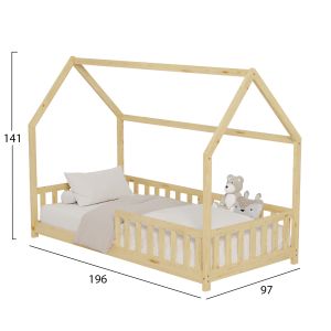 Children's bed house with fence Phyllis Montessori solid pine wood natural color - 190x90cm Hm679,01