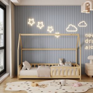 Children's bed house with fence Phyllis Montessori solid pine wood natural color - 190x90cm Hm679,01