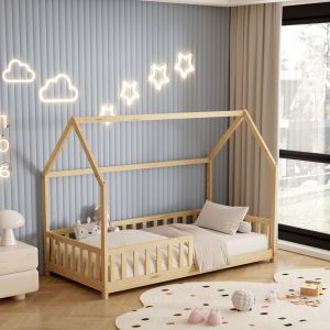 Children's bed house with fence Phyllis Montessori solid pine wood natural color - 190x90cm Hm679,01