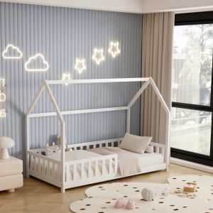 Children's bed with fence Phyllis Hm679,03 T, Montessori solid pine wood in white - 190x90cm