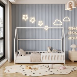 Children's bed with fence Phyllis Hm679,03 T, Montessori solid pine wood in white - 190x90cm